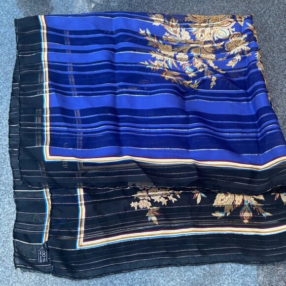Vintage Valentino 100% Silk Italy Black and Blue Paisley Metallic Striped Scarf - Picture 9 of 10